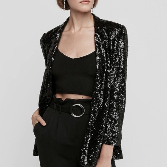 Express Black Sequin Boyfriend Blazer - Picture 1 of 7
